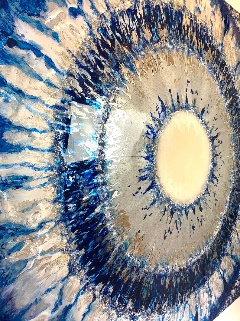 Original Large Abstract Painting. Blue and Silver Wall Art. Etsy