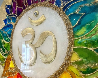 Sold! OM Symbol with Seven Chakra Lotus Flower. Made with Inks, Acrylics, Swarovski Crystals and Gold Leaf. Coated with Resin.