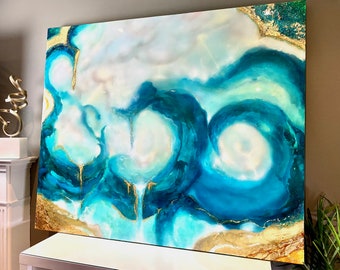 Sold! Surrealistic Storm Waves. Ocean Wall Art. Inks and Acrylics. Gold Leaf and Swarovski Crystals. Resin Coated.