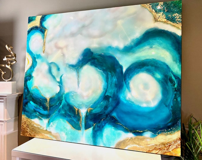 Sold! Surrealistic Storm Waves. Ocean Wall Art. Inks and Acrylics. Gold Leaf and Swarovski Crystals. Resin Coated.