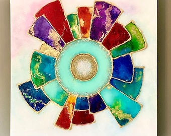 Sold! Abstract Resin Art Painting, Inks and Acrylics on Canvas. Crystals, Glitter and Coated with Glass Layer of Resin.