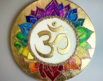 Made to Order! OM Symbol with Seven Chakra Lotus Flower. Made with Inks, Acrylics, Swarovski Crystals and Gold Leaf. Coated with Resin.