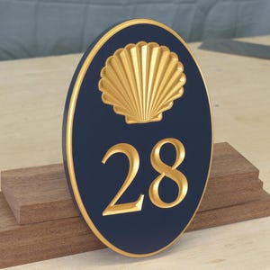 Personalized Carved Vertical Oval Address Plaque With Shell Design, Engraved House Number Sign, Personalized Outdoor Home Sign
