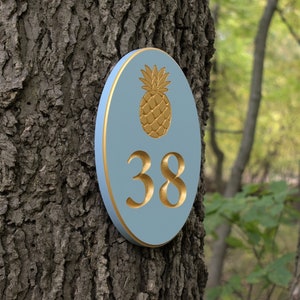 Personalized Carved Vertial Oval Address Plaque With Pineapple Design, Engraved House Number Marker, Personalized Outdoor Home Sign