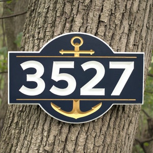 Carved Nautical Address Plaque, Engraved House Number Sign With Anchor, Personalized Outdoor Home Sign image 1