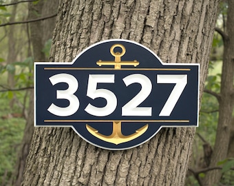 Carved Nautical Address Plaque, Engraved House Number Sign With Anchor, Personalized Outdoor Home Sign