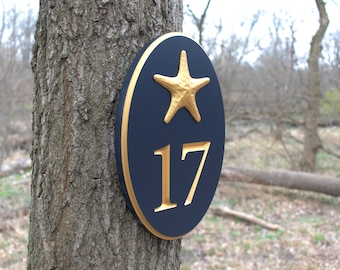 Carved Vertical Oval Address Plaque With Starfish