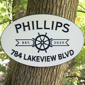 Last Name And Address Sign With Nautical Ship's Wheel Helm Design and Established Date, Outdoor Weatherproof Carved Signs