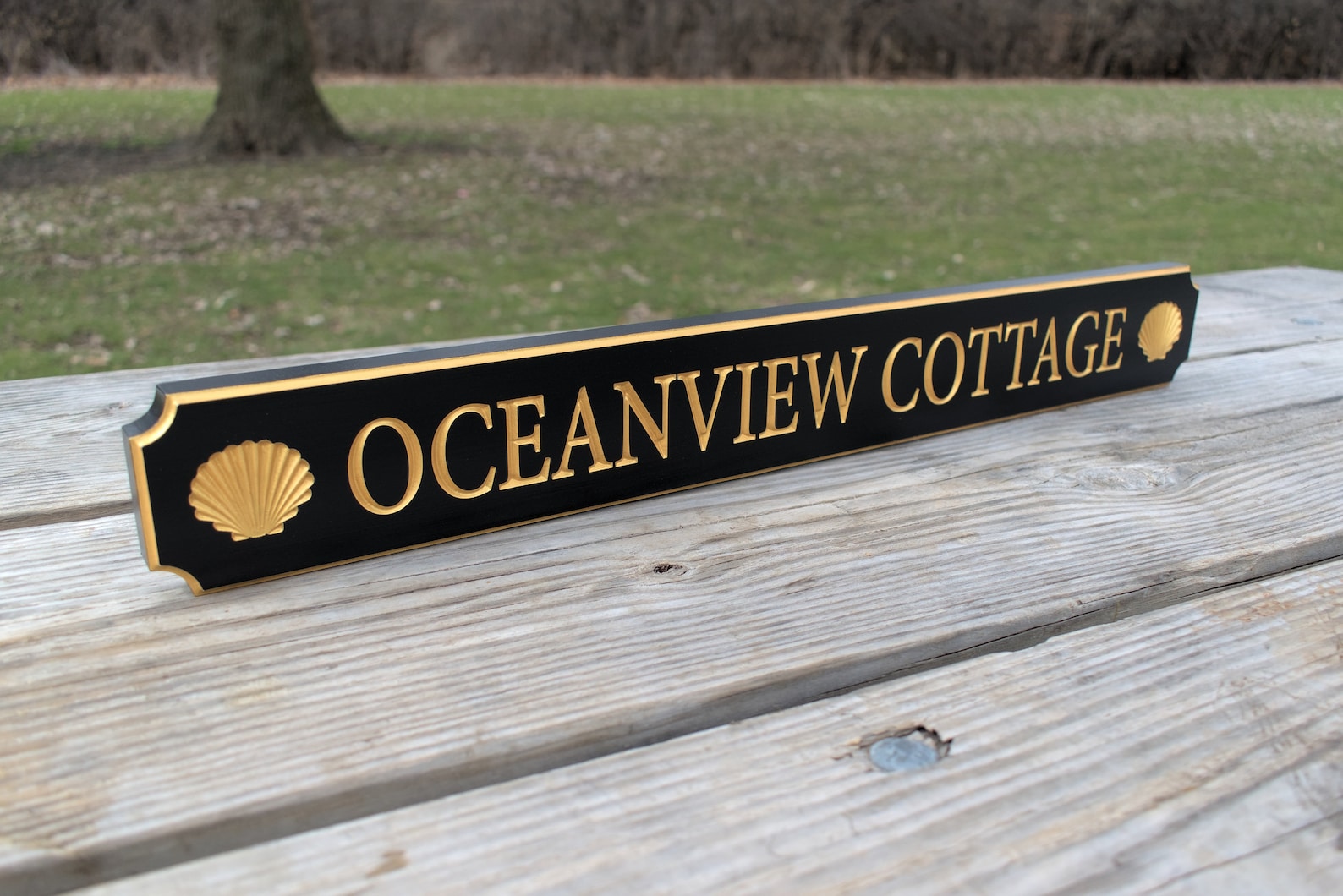 Personalized Carved Quarterboard Sign With Shell Design, Custom Personalized Outdoor Beach House Sign, Vacation House Sign - 24 x 3 inches, Dark blue / gold