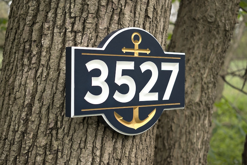 Carved Nautical Address Plaque, Engraved House Number Sign With Anchor, Personalized Outdoor Home Sign image 2