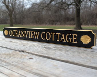 Personalized Carved Quarterboard Sign With Shell Design, Custom Personalized Outdoor Beach House Sign, Vacation House Sign