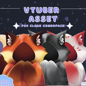 May include: Three fox head avatars with different colored fur and cloaks. The fox on the left has orange fur and a red cloak, the middle fox has gray fur and a black cloak, and the fox on the right has white fur and a red cloak. The text "VTUBER ASSET FOX CLOAK COMBOPACK" is at the top of the image.