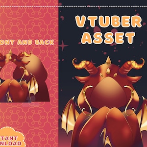 Puede incluir: Una ilustración digital de una cabeza de dragón roja y dorada con alas. El dragón tiene una boca grande abierta y dientes afilados. La ilustración está sobre un fondo oscuro con estrellas. El texto "VTUBER ASSET" está en la parte superior de la imagen.