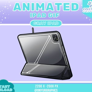May include: Animated GIF of a gray iPad with a case, in a closed position. The iPad is 2200 x 2000 pixels. The text "ANIMATED IPAD GIF GRAY IPAD" is at the top of the image. The text "INSTANT DOWNLOAD" is at the bottom left of the image. The text "2200 X-2000 PX @ONIYURIGRAPHICS" is at the bottom right of the image.