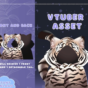 May include: A digital illustration of a white tiger with black stripes. The tiger is wearing a mask that covers its eyes and mouth. The tiger is sitting on its hind legs with its paws in front of it. The background is a dark blue with stars. The text "VTUBER ASSET" is written in purple letters at the top of the image.