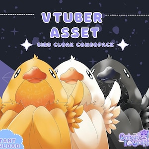 May include: A digital illustration of three bird-themed VTuber assets. The assets are a yellow bird, a white bird, and a black bird. Each bird has a cloak with a different design. The text "VTuber Asset Bird Cloak Combo Pack" is at the top of the image.