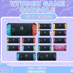 May include: Digital illustration of a VTuber game console in 15 colors. The image shows the console's front and back, with a variety of color schemes for the controllers, including blue, red, yellow, and green. Text on the image reads "VTUBER GAME CONSOLE".