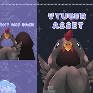 Pode incluir: Uma ilustração digital de um galo castanho vestindo uma túnica marrom com capuz e asas. O texto "VTUBER ASSET" está no canto superior direito da imagem.