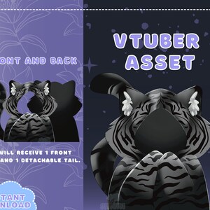 May include: A digital illustration of a black and white striped cat with a black face and white ears. The cat is sitting with its back to the viewer and its tail curled around its body. The text "VTUBER ASSET" is written in purple letters above the cat. The text "FRONT AND BACK" is written in purple letters above the cat on the left side of the image. The text "YOU WILL RECEIVE 1 FRONT 1 BACK AND 1 DETACHABLE TAIL." is written in black letters below the cat on the left side of the image. The text "INSTANT DOWNLOAD" is written in a blue cloud on the left side of the image.