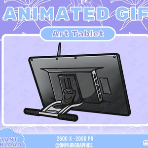May include: Animated GIF of a black and silver art tablet with a stand. The tablet is tilted back and the screen is facing away from the viewer. The text "ANIMATED GIF" and "Art Tablet" are at the top of the image. The text "2600 X-2000 PX" and "@ONIYURIGRAPHICS" are at the bottom of the image.