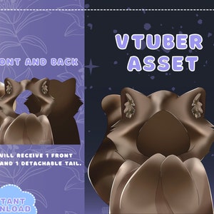 May include: A digital illustration of a brown raccoon VTuber asset. The image shows the front and back views of the character, as well as a detachable tail. The text "VTUBER ASSET" is displayed in purple letters on a dark blue background.