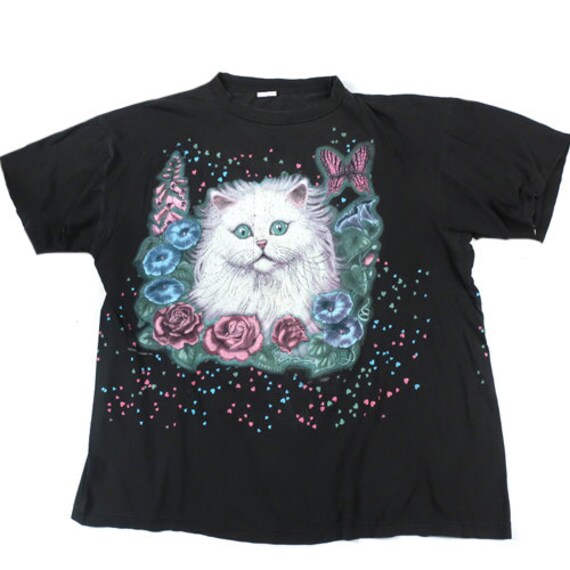 Vintage Cat T-shirt 90s Hearts Flowers 