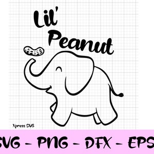 May include: Black and white line art illustration of a cartoon elephant with a peanut above its trunk. The text "Lil' Peanut" is above the elephant.