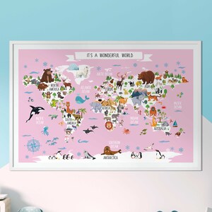 World animal map PINK- digital download - unique toddler toys- nursery map - toddler wall art - wall art childrens room - nursery ptint