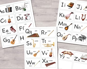 Flash Cards Musical Instruments Alphabet - Tapas y Minúsculas - Tarjetas imprimibles - Instrumentos Alphabet tarjetas-instrumentos musicales alfabeto