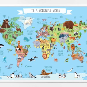 Welt Tier Karte - Wand Druck digitaler Download - einzigartige Kleinkind Spielzeug - Kindergarten Karte Kindergarten - Kleinkind Wandkunst - Wand Kunst Kinderzimmer