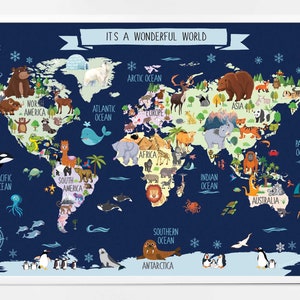Welt Tier Karte Wanddruck - digitaler Download - einzigartige Kleinkind Spielzeug-Karte Kindergarten -Kleinkind Wandkunst - Wand Kunst Kinderzimmer - Kindergarten Druck