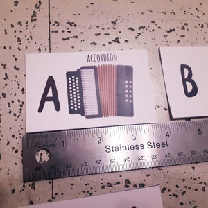 Puede incluir: Dos tarjetas de memoria con las letras A y B, cada una con un instrumento musical. La tarjeta A presenta un acorde&oacute;n con fuelle negro y marr&oacute;n sobre un fondo blanco. La tarjeta B presenta una gaita con un fuelle verde y tubos plateados sobre un fondo blanco. El texto "ACCORDION" est&aacute; sobre el acorde&oacute;n y "BAG" est&aacute; sobre la gaita.