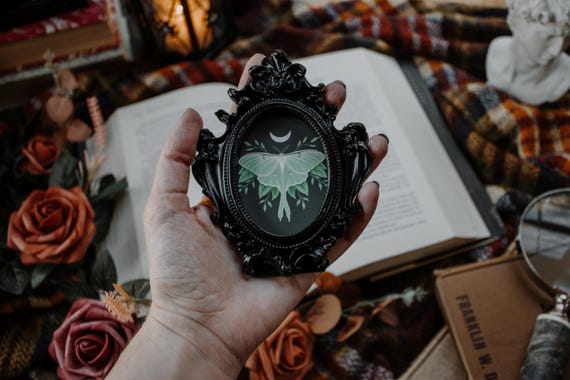 Celestial Moth | Black Miniature Antique Style Framed Painting | Mini Art Print Magnet
