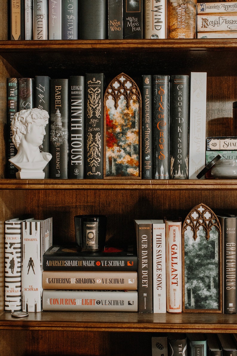Op de afbeelding: Een donkerhouten boekenkast met een verzameling hardcover boeken. Titels als "Ninth House" en "Crooked Kingdom" zijn zichtbaar. Decoratieve spiegels en een klassieke buste dragen bij aan de esthetiek. Een kaars met het woord "Present" is ook aanwezig.