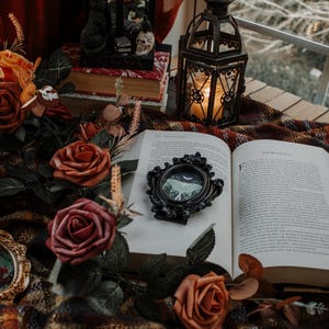 May include: An open book with a black framed picture of a moth on the cover. The book is surrounded by a bouquet of red and orange roses, a small gold picture frame, and a black lantern.
