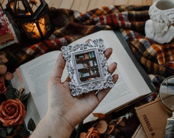 Dark Academia Artist Bookshelf | Silver Miniature Antique Style Framed Painting | Mini Art Print Magnet
