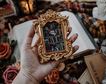 Dark Academia Shakespeare Themed Bookshelves | Gold Miniature Antique Style Framed Painting | Mini Art Print Magnet