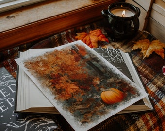 Impresión de pintura al óleo de bosques otoñales