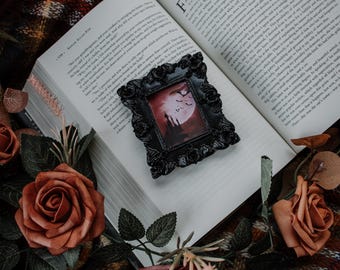 Gothic Vampire Castle | Blood Moon Black Miniature Antique Style Framed Painting | Mini Art Print Magnet