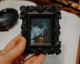 Cabin in the Woods | Black Miniature Antique Style Framed Painting | Mini Art Print Magnet