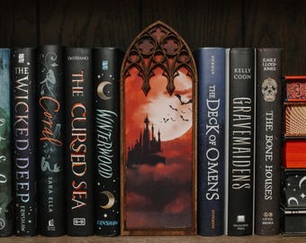 Vampire Castle Blood Moon Cathedral Window Bookshelf Decor | Book Nook