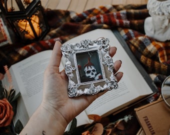 Dark Academia Skull, Book, & Candles | Silver Miniature Antique Style Framed Painting | Mini Art Print Magnet