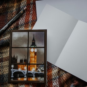 Juego de tarjetas de felicitación en blanco con ventana lluviosa de Londres. ¡Sobres incluidos!