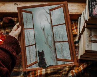 Cottage Cat Snowy Window Print