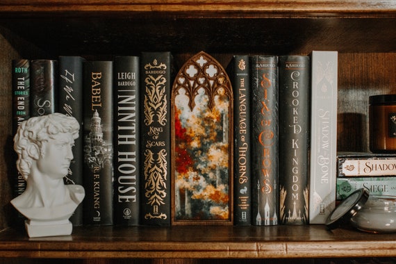 Rainy Autumn Cathedral Window Bookshelf Decor | Book Nook