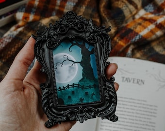 Spooky Graveyard | Black Miniature Antique Style Framed Painting | Mini Art Print Magnet
