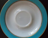 Vintage Pyrex saucers, set of 5, turquoise blue, circa 1950 39 s, milk glass, gold trim approx. 6 quot