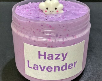 Hazy Lavender - a crunchy snow fizz slime scented like Marshmallow and Lavender. Comes with a cloud charm.