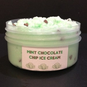 May include: A clear plastic container filled with green mint chocolate chip ice cream. The label reads "Mint Chocolate Chip Ice Cream".