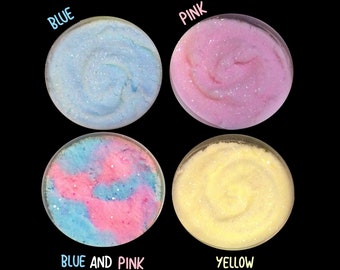 Cotton Candy Cloud - A soft and pillowy cloud slime scented like it's namesake. Comes in blue, yellow, pink or a pink/blue combo.